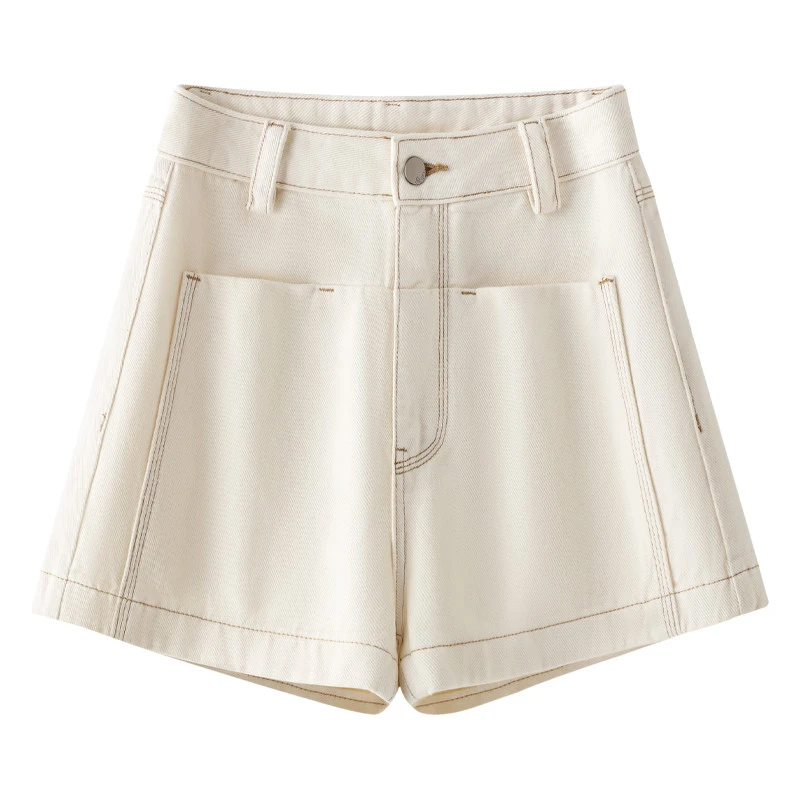 米白色牛仔短裤女2025新款夏季薄款外穿热裤高腰显瘦阔腿a字裤子