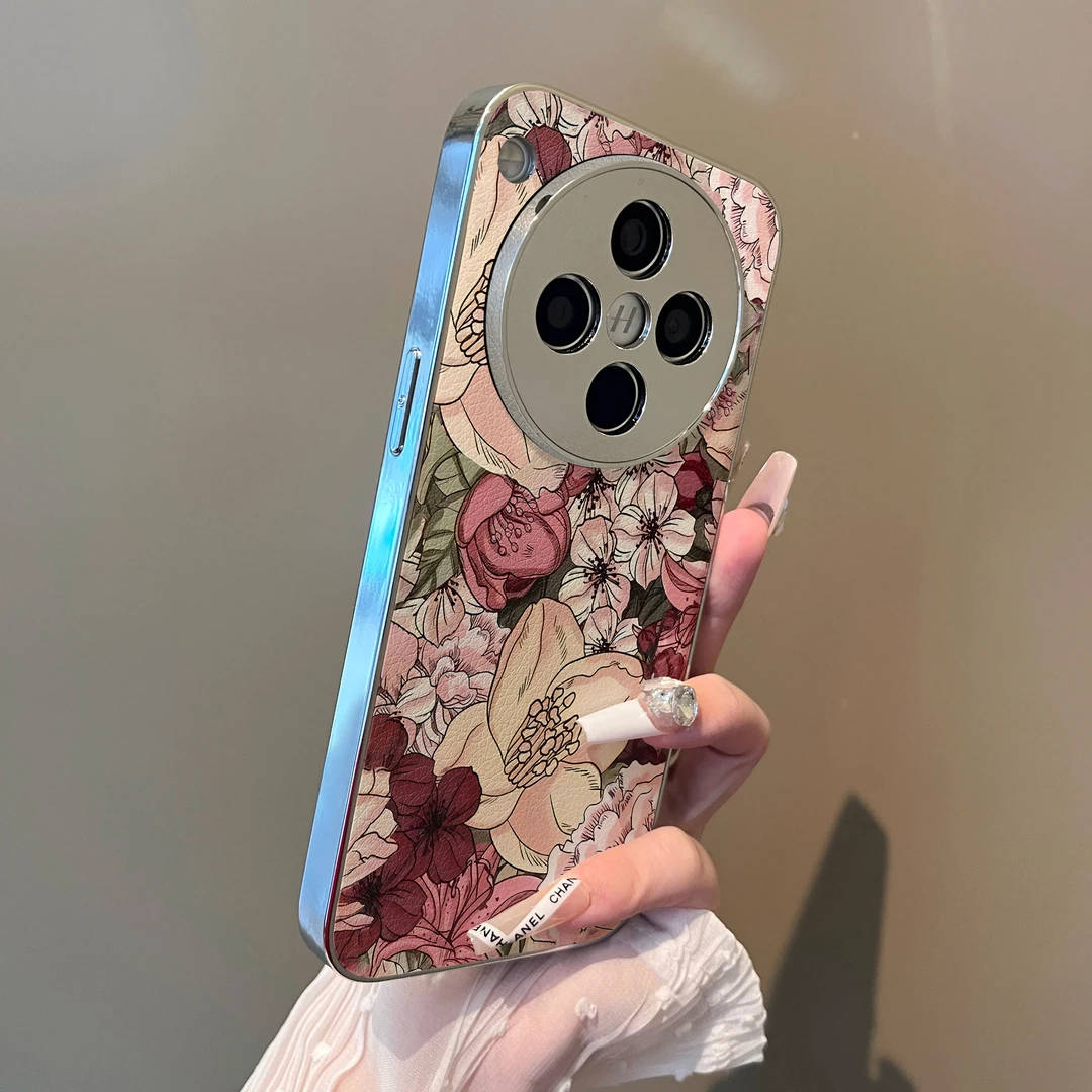 大朵艳丽花适用于oppofindx8s+手机壳女款全包防摔电镀羊皮高级感