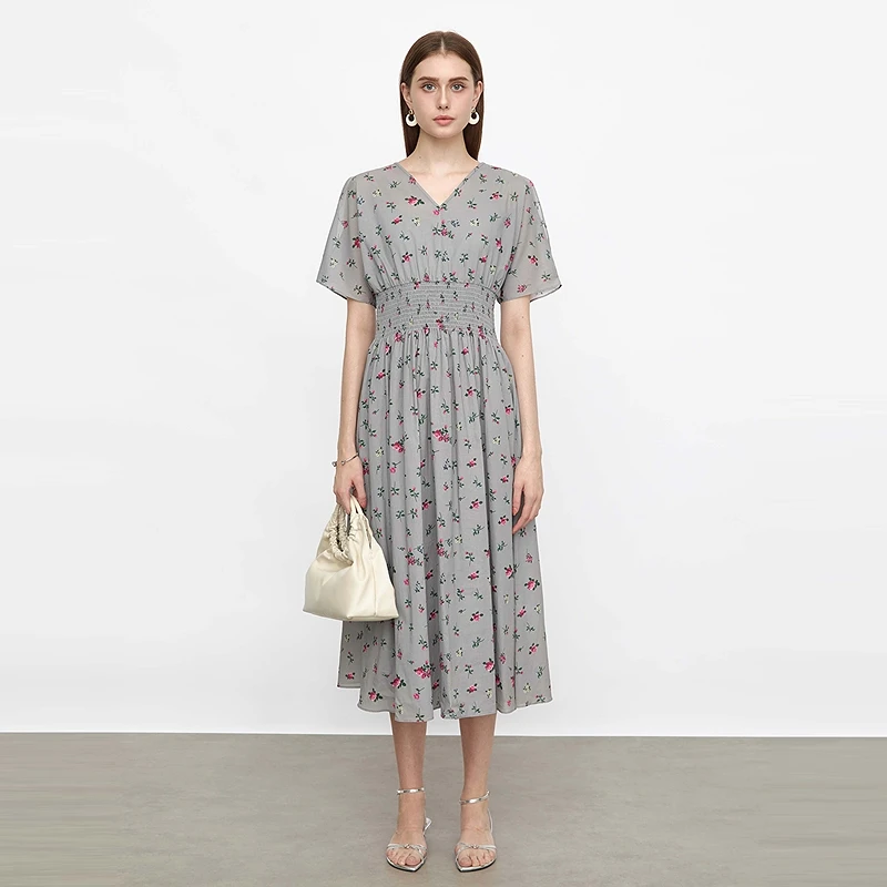 sdeer圣迪奥女装25年新品时尚V领碎花吊带两件套连衣裙S25281226