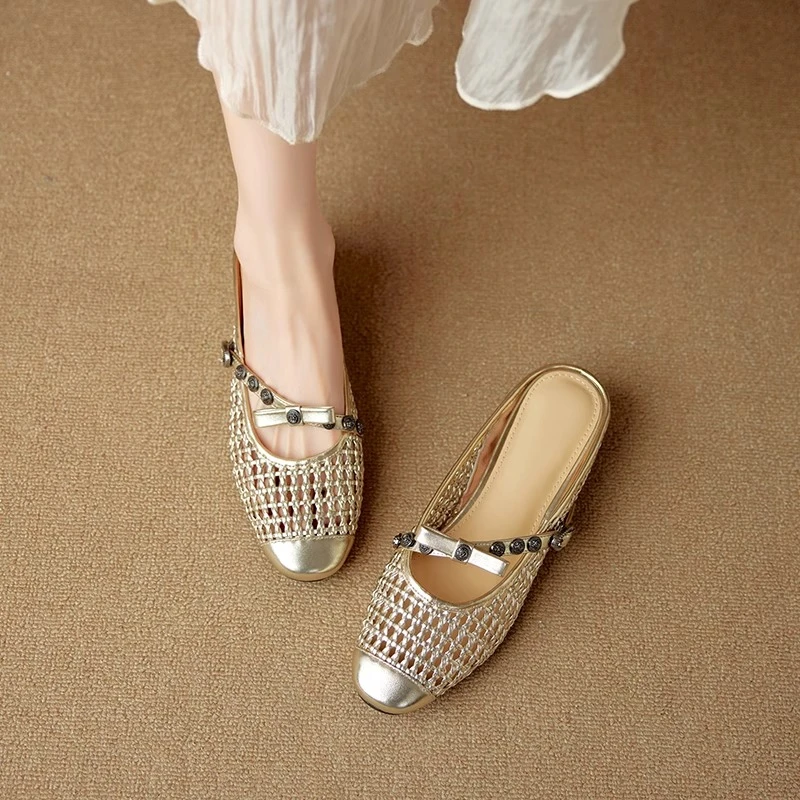 法式复古增高女鞋2025新款编织包头半拖鞋女夏外穿一脚蹬穆勒拖鞋