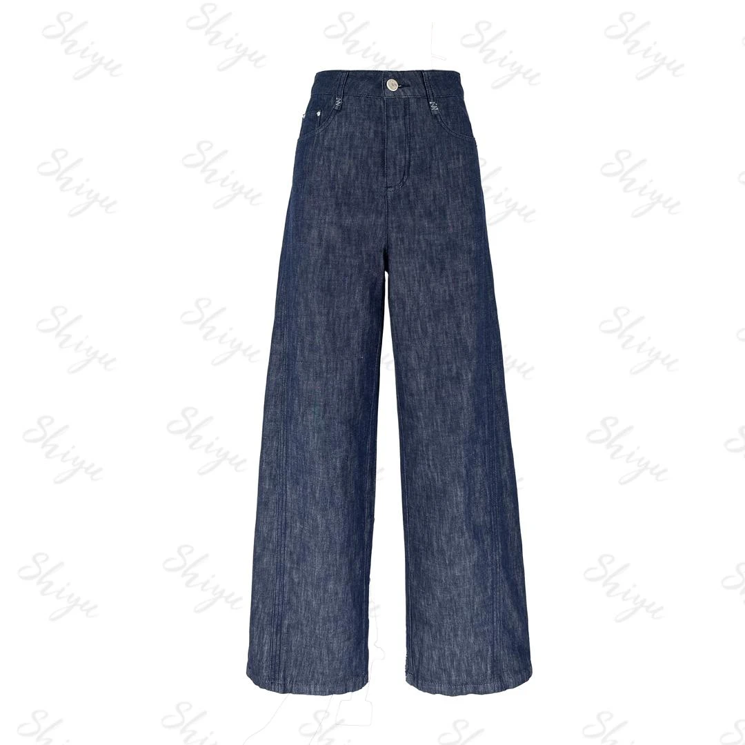 【SUSHIRO】2025夏季 单宁蓝棉麻高腰显瘦小弯刀阔腿牛仔裤 2027