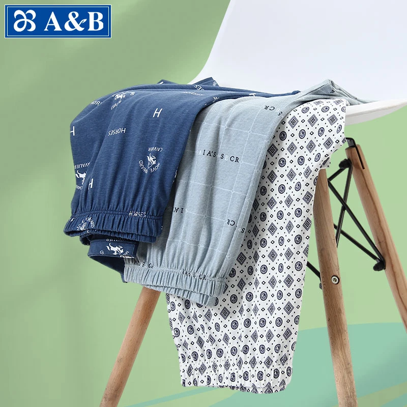 AB可外穿休闲夏季男士纯棉精梳棉宽松100%全棉高腰家居裤睡裤长裤