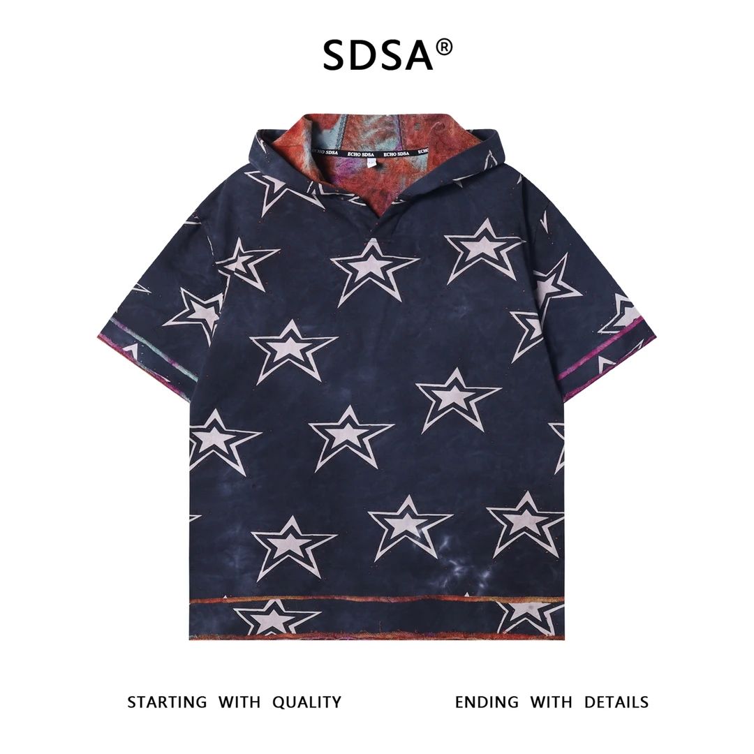 T3521夏季高级感新款男士撞色磨破星星设计连帽短袖T恤高街上衣