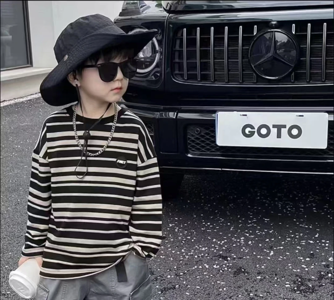 纯棉男童拼接t恤宽松时髦秋季儿童撞色条纹洋气秋装圆领上衣休闲