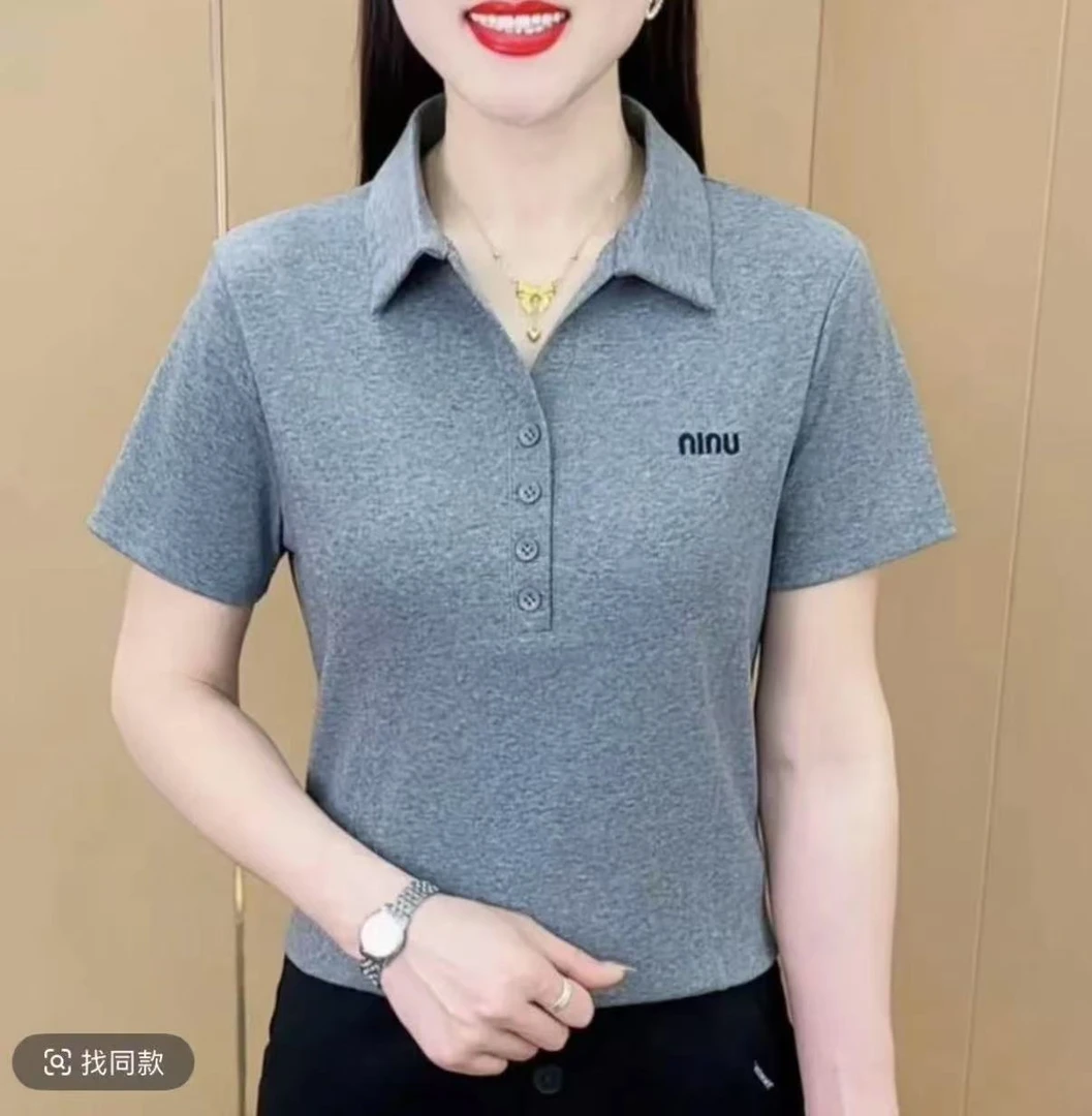 夏季时尚显瘦翻领女士百搭纯色T恤薄款减龄短袖上衣