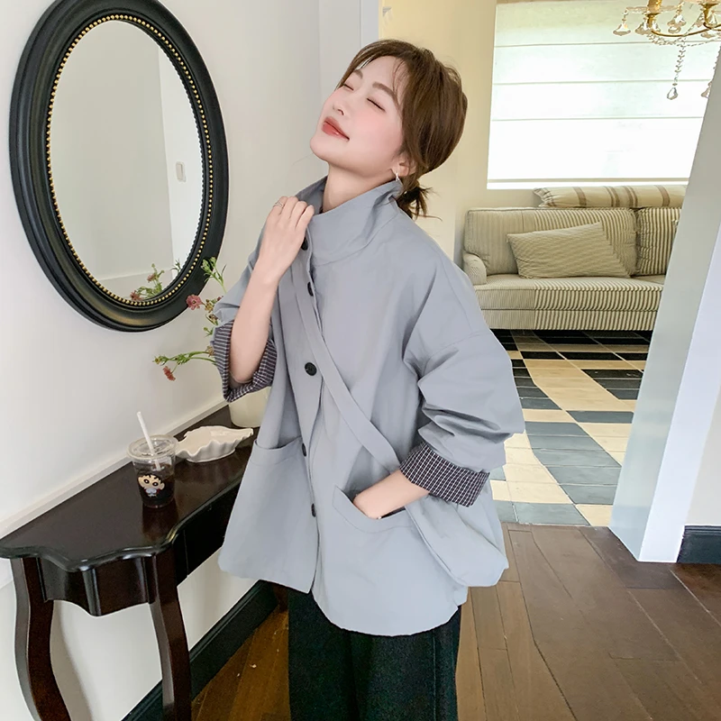 韩系小个子超好看立领中长款风衣女春季宽松休闲拼接袖口带包包