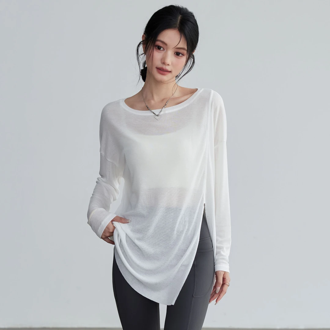 岚纹开叉宽松瑜伽服罩衫女速干健身遮肉t普拉提跑步运动长袖上衣