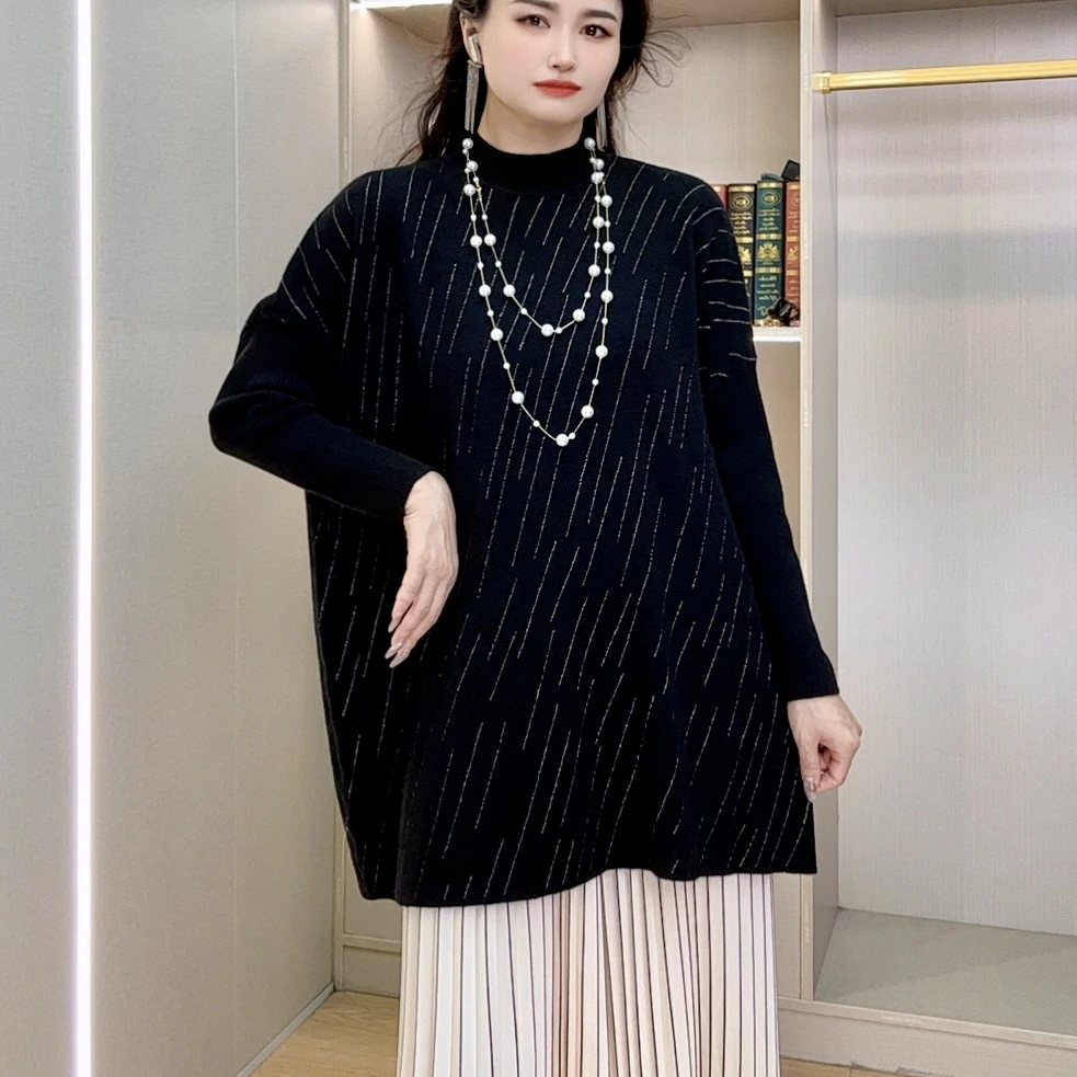 【 561】秋冬女针织衫中长款毛衣裙宽松大码显瘦半高领针织衫