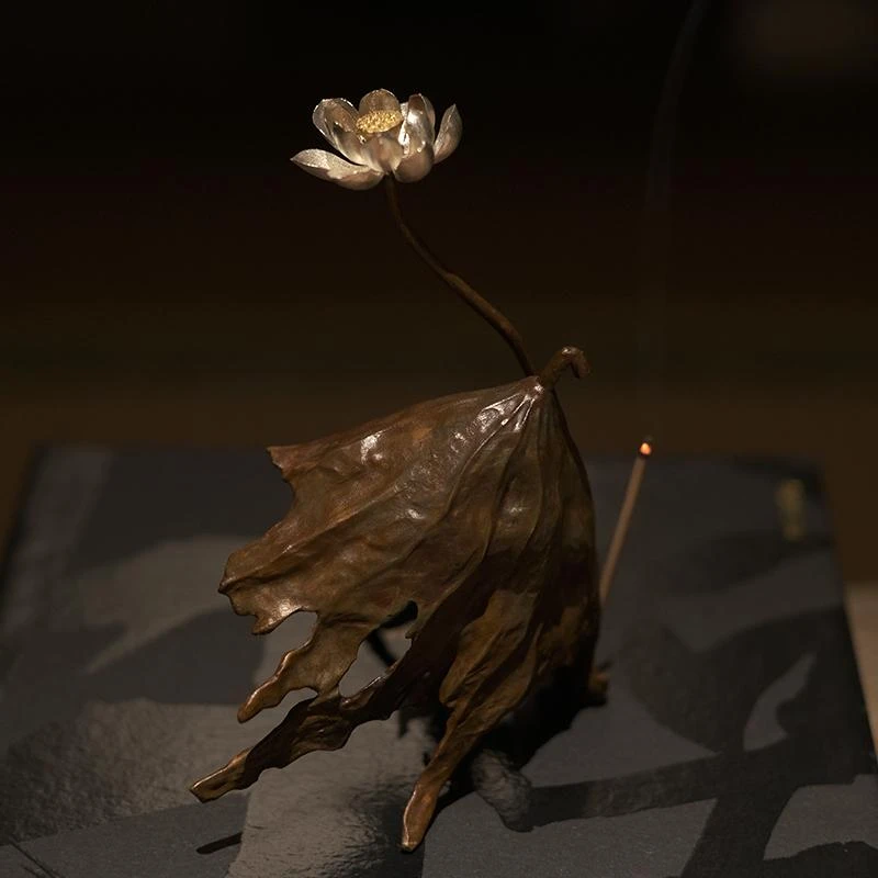 纯手工纯银莲花铜荷叶禅意香炉高端香插茶台熏香摆件线线香炉莲荷