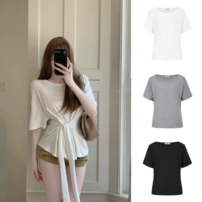 MosesQueen/魔西女王设计感三穿绑带收腰短袖T恤露肩显瘦上衣