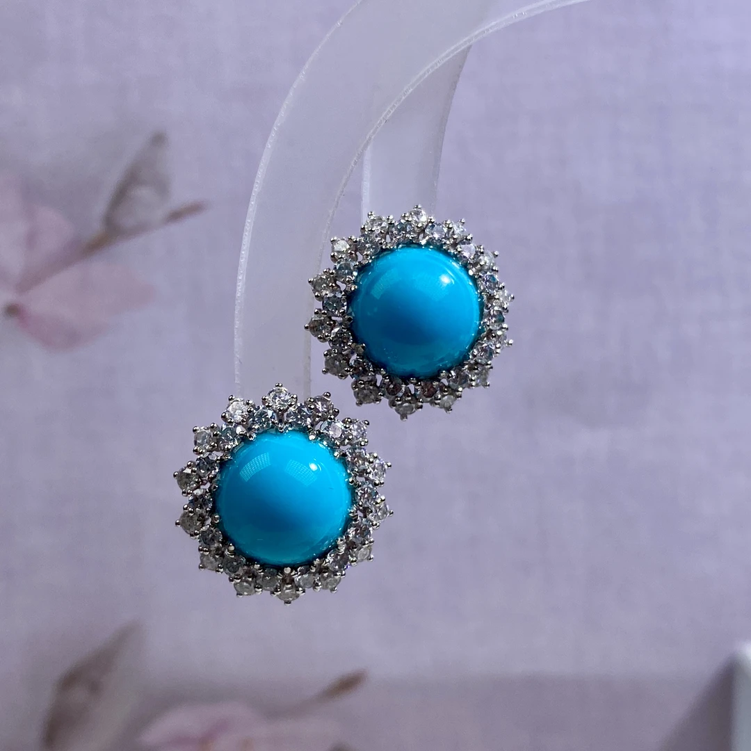 原矿湖北绿松石金镶时尚高级大气百搭款正圆形耳钉