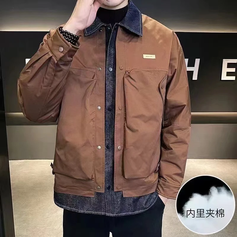男潮牌拼料假两件翻领宽松外套港风时尚痞帅加厚夹克外套