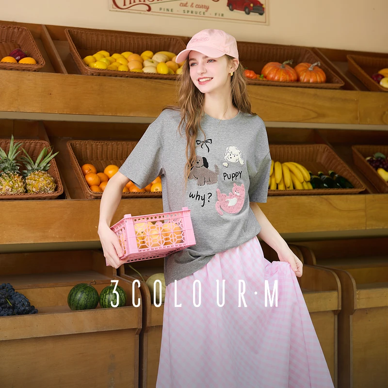 三彩2025夏季新款圆领落肩中袖萌宠印花T恤宽松休闲套头上衣M