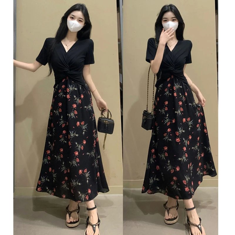 大码茶歇法式假两件黑色碎花连衣裙夏季2025新款收腰显瘦气质长裙