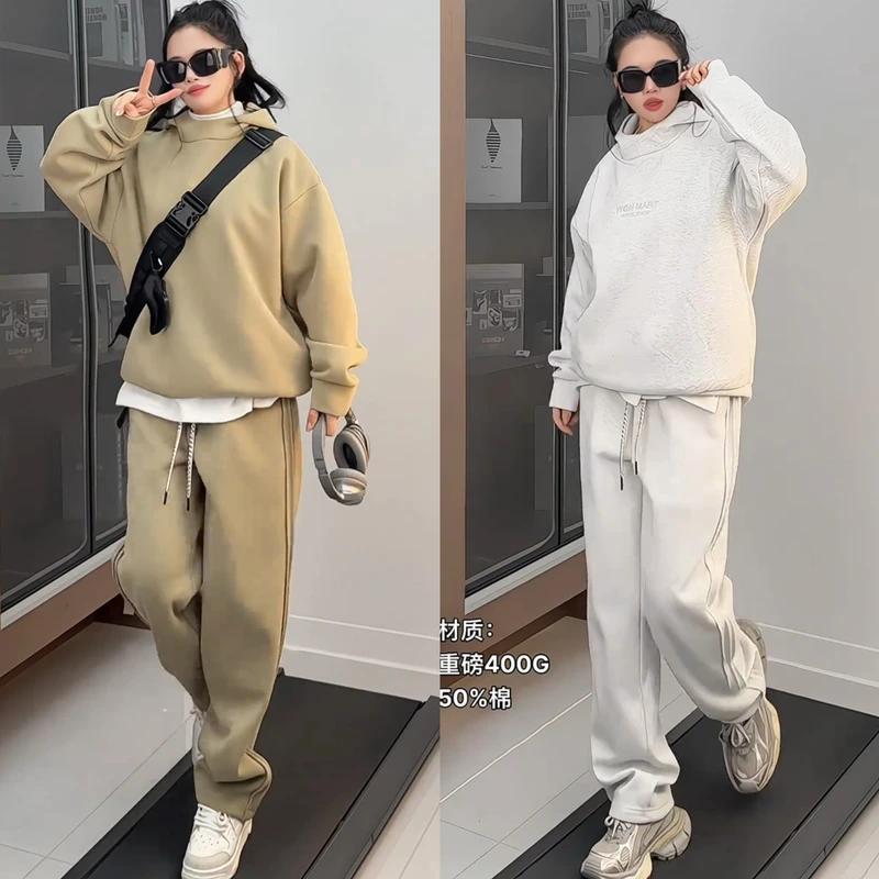 秋季新款美式重磅字母刺绣休闲运动套装男潮牌连帽卫衣卫裤两件套