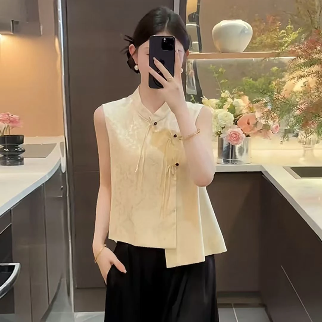 新中式国风无袖上衣2025新款夏季爆款设计感提花无袖立领上衣