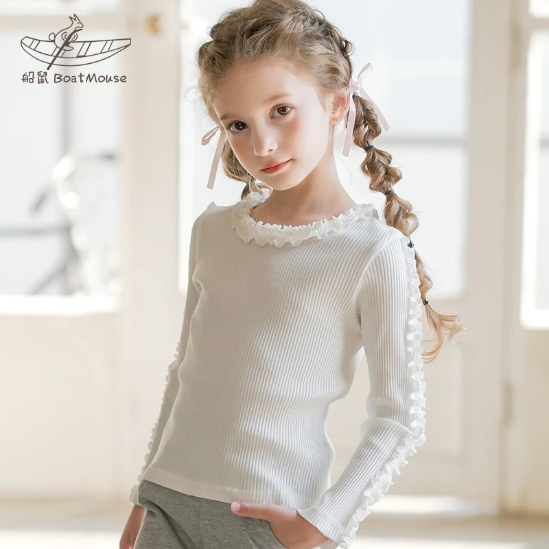 船鼠女童白色打底衫棉质 木耳边童装女宝宝小女孩儿童t恤长袖上衣