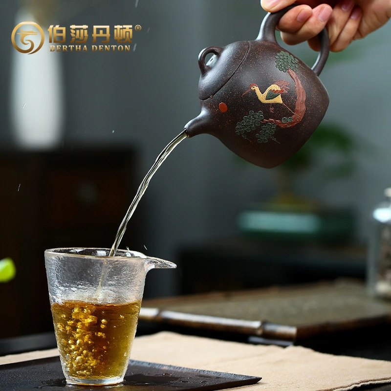 BERTHA DENTON宜兴名家黑金砂紫砂壶手工松鹤秦权茶壶功夫茶具