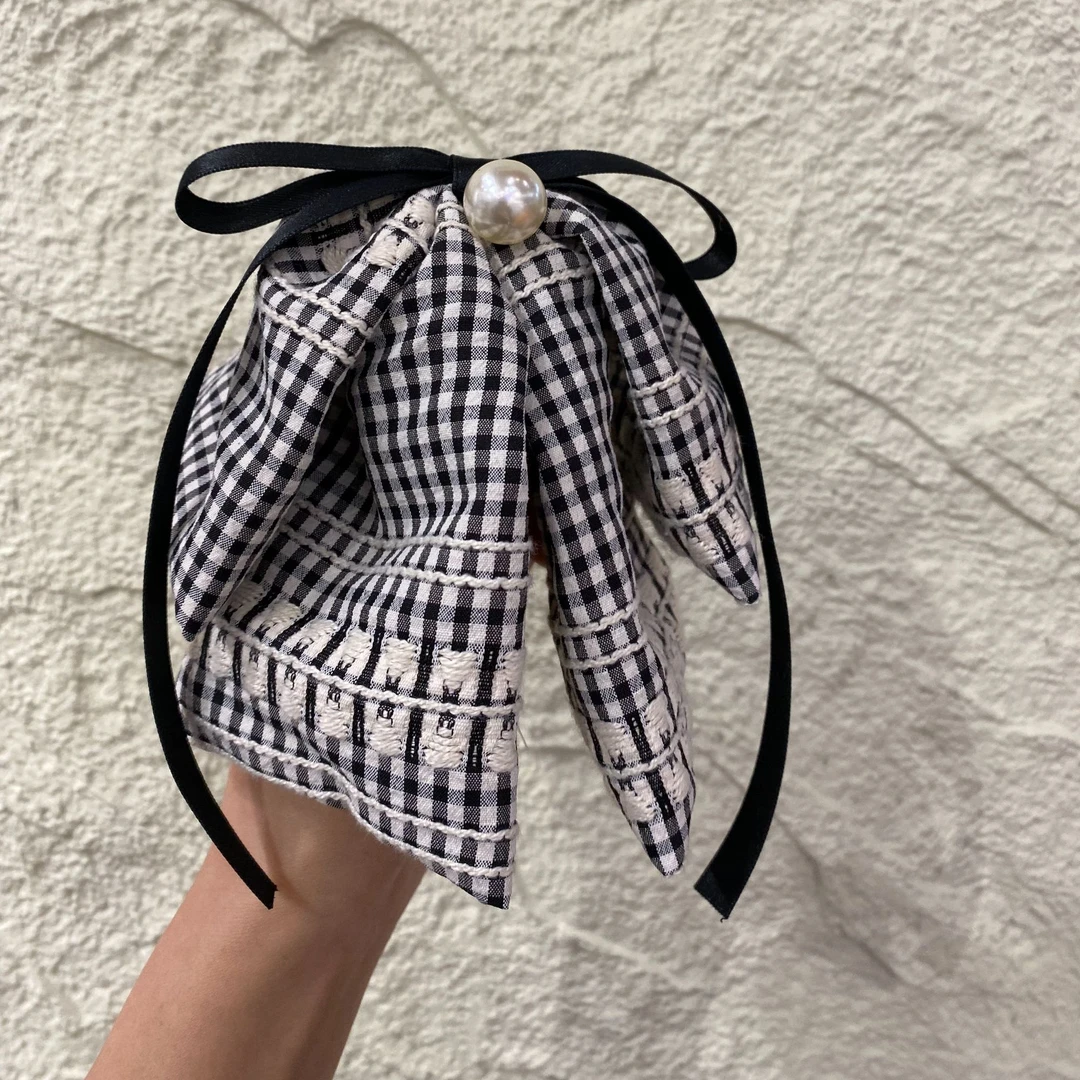 【墨月白】女甜美发饰韩版飘带马尾夹复古黑白格优雅时尚简约头饰