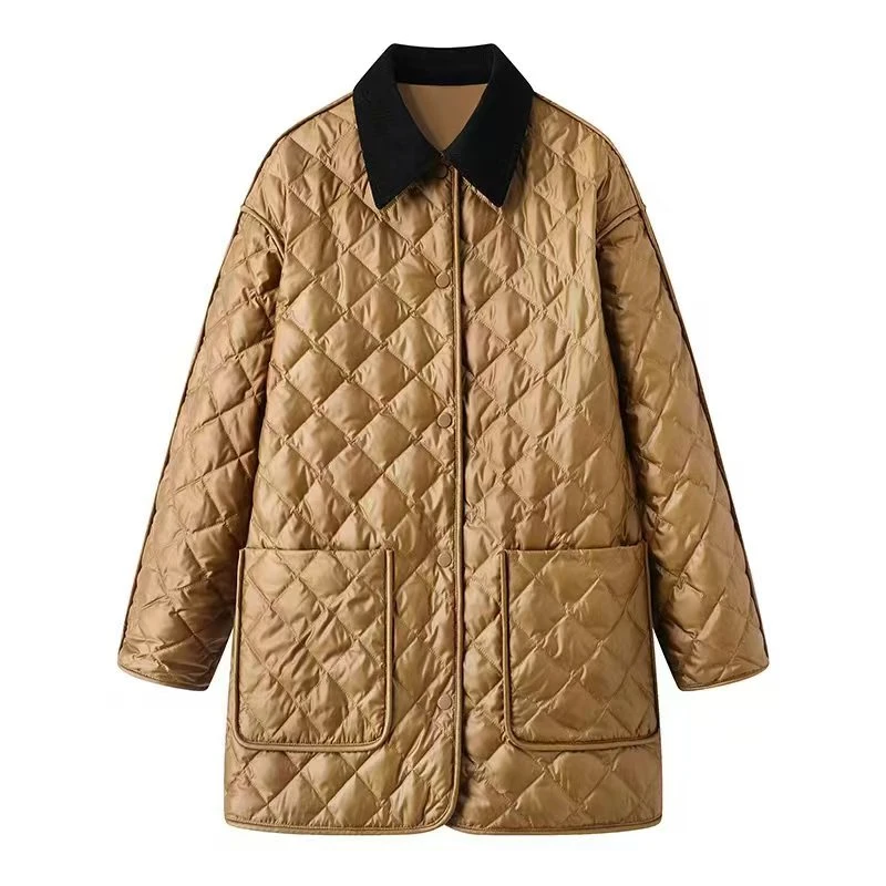 【立冬暖阳】2024冬季新款复古百搭宽松菱格薄款棉服外套女.Y7798