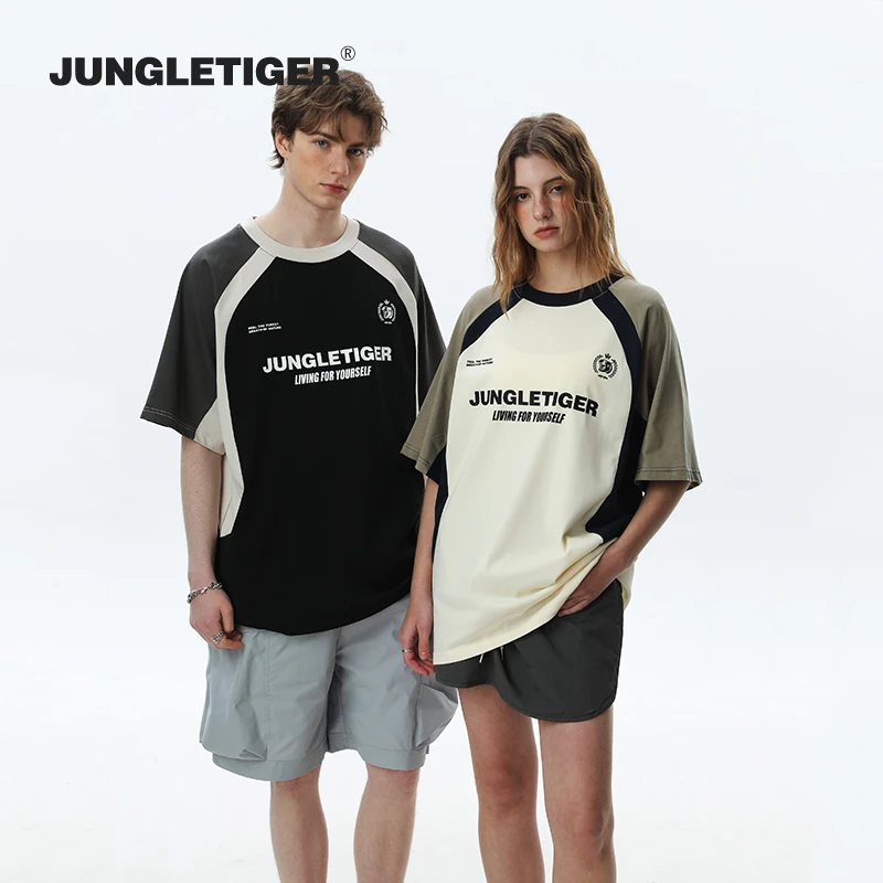 丛林老虎美式潮流字母插肩t恤男2025夏季情侣款潮牌短袖