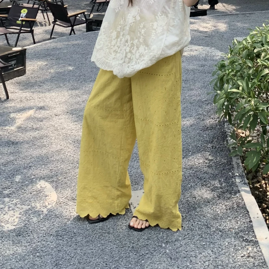 半岛漫步～韩系复古定染落日黄全蕾丝阔腿裤时尚显瘦宽松纯色百搭