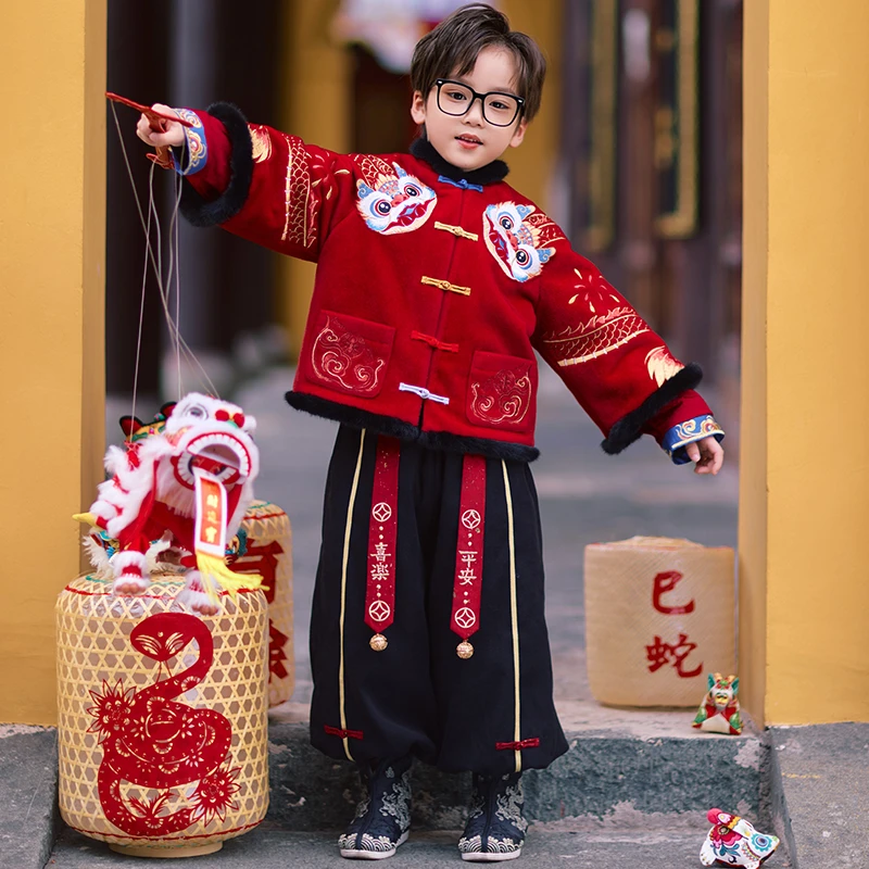 旗铂-鸿运新春 2024新款男童拜年服秋冬儿童汉服冬装男宝国风唐装