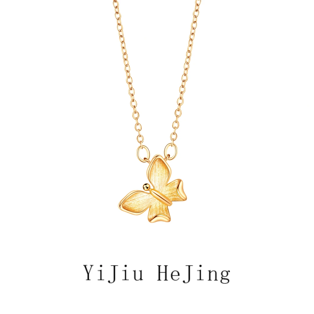 不锈钢项链 中古金色拉丝蝴蝶项链女新中式精致复古新款吊坠