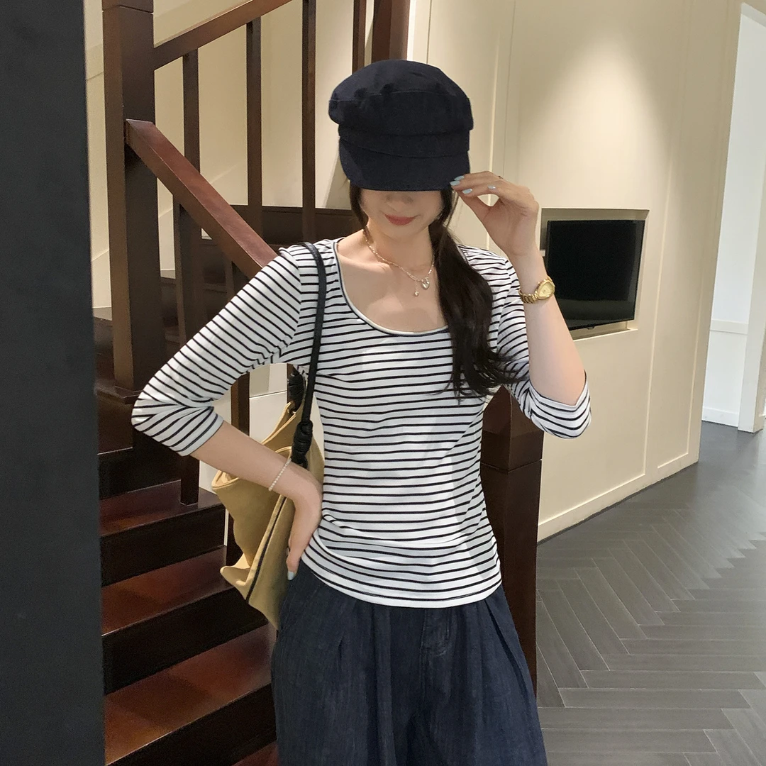 欧货莱塞尔薄款中袖条纹打底衫T恤