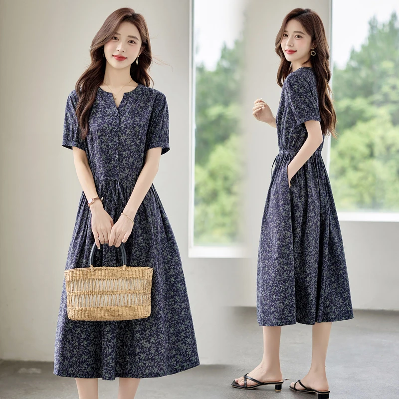 法式复古气质碎花连衣裙女2025年夏季新款抽绳收腰显瘦中长款裙子