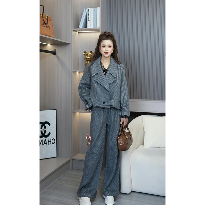 Liixu春季新款人字纹翻领短款毛呢外套显瘦阔腿裤两件套L48TZ005