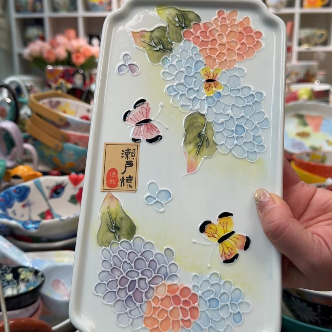 陶瓷濑户烧绣球10英寸如意长盘1只