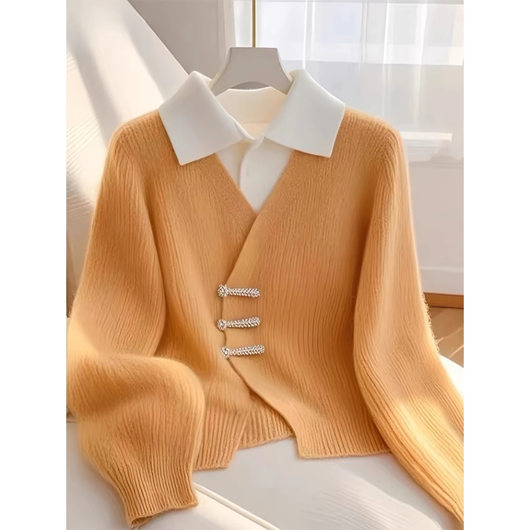 橘色假两件翻领设计感针织毛衣女2024新款深秋初冬韩系高级感上衣