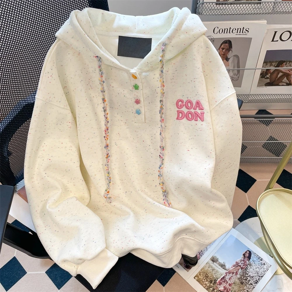 特大码300斤韩系别致彩点刺绣连帽卫衣女秋冬季2025小个子正肩潮