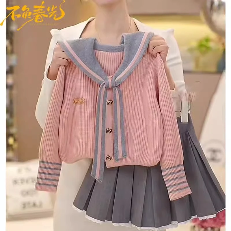 女童学院风针织衫百褶裙套装2025春秋款海军领毛衣外套jk半身短裙
