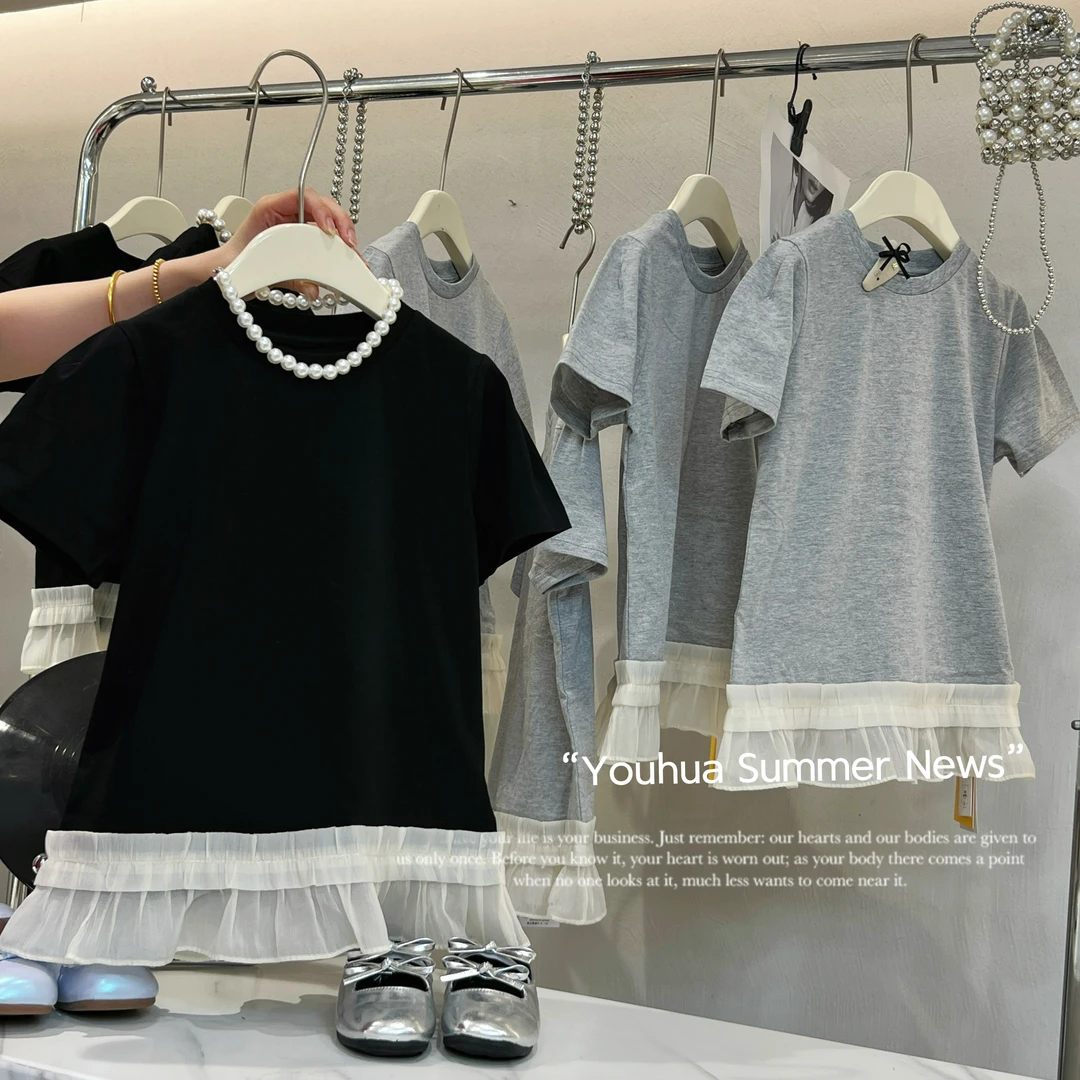 尤画2025夏季新款拼接女童圆领百搭女孩休闲时尚纯色短袖T恤68237