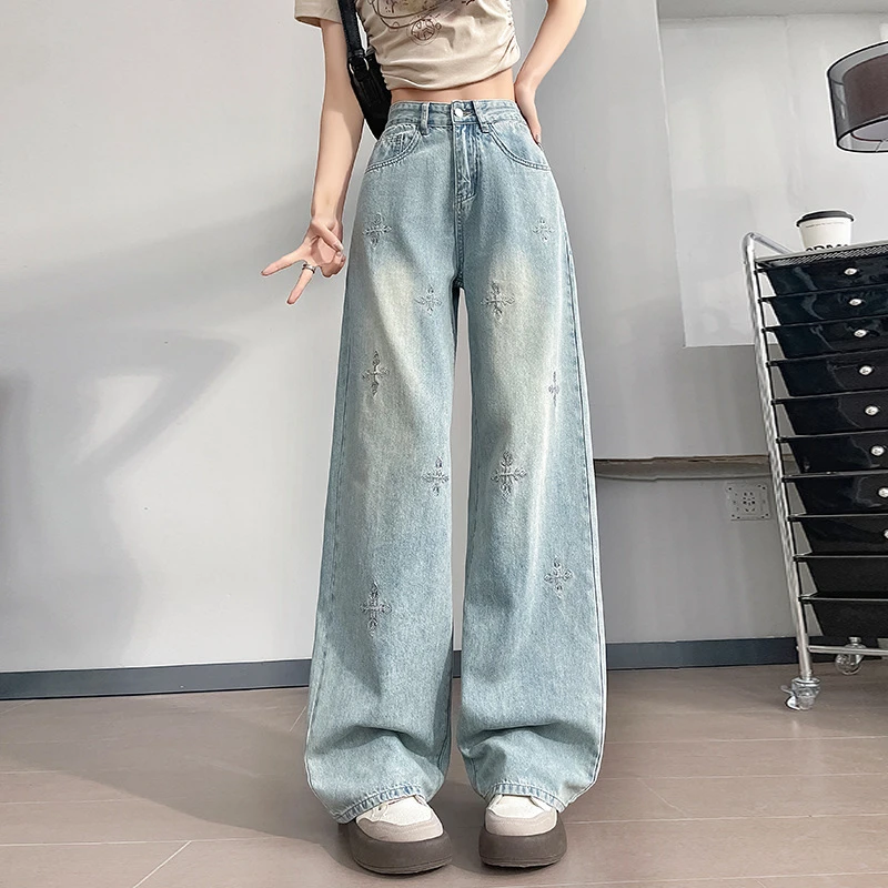 冰湖蓝高腰宽松阔腿拖地女夏季新款爆款直筒牛仔裤显瘦显高适合小