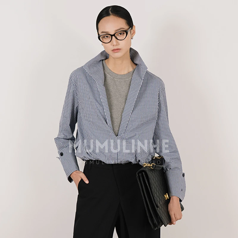 mumulinhe高级感拼接撞色短款衬衫女2025春夏新款设计感格纹衬衫