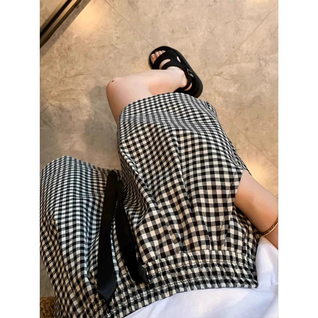 复古黑白格子夏季新款松紧腰短裤女大码胖mm高腰百搭遮肉休闲裤女