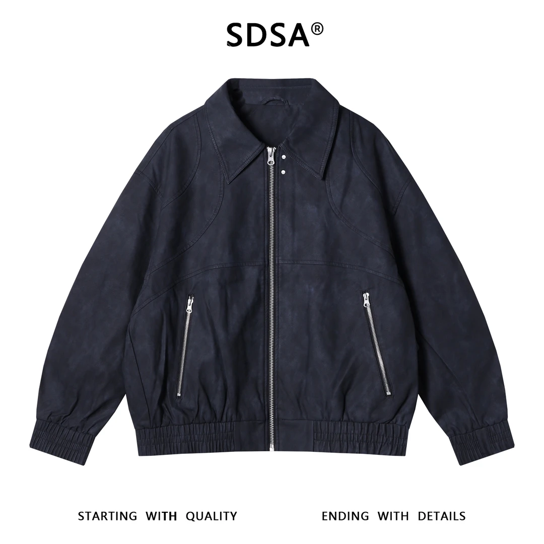 SDSA男士秋冬新款痞帅男装美式拉链口袋翻领皮衣夹克时尚简约外套