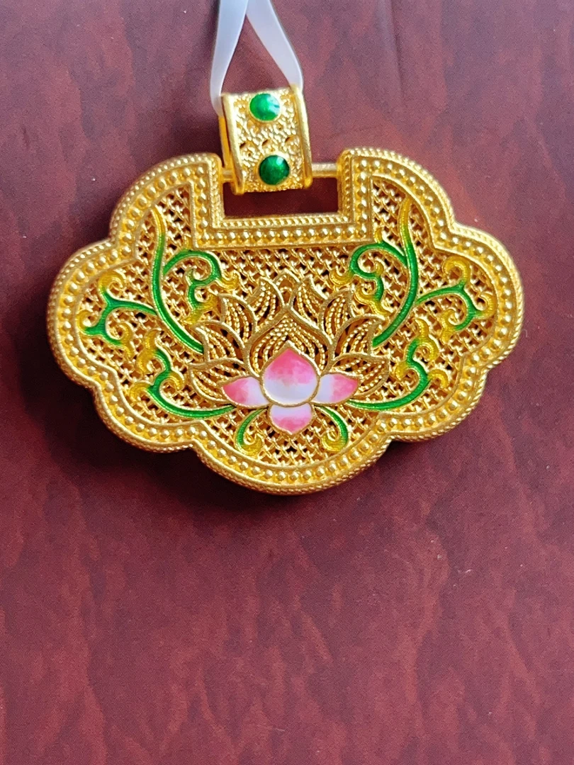 足金999真金纯黄金古法莲花如意锁吊坠