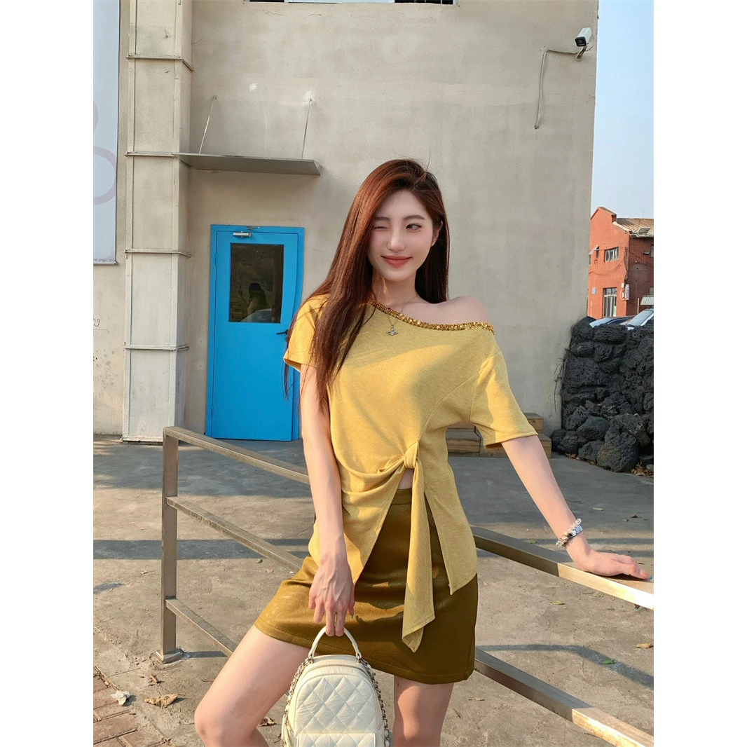 夏季新款设计感亮片斜肩短袖不规则绑带恤半身裙时尚套装女