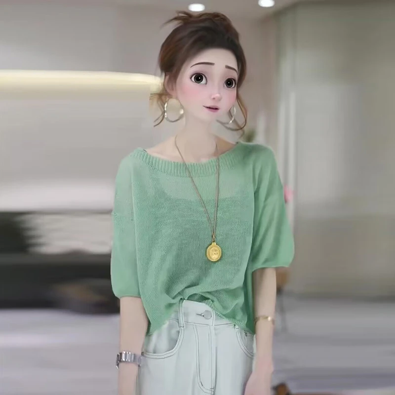 韩版纯色圆领漂亮针织衫2025夏季新款慵懒感今年流行通勤简约上衣
