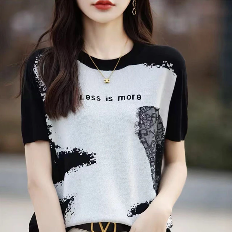 2025新款简约字母提花针织冰丝短袖T恤女宽松显瘦高级感休闲上衣