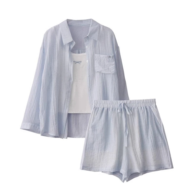 夏季新款韩系休闲百搭薄款长袖衬衫外套刺绣小吊带短裤三件套装女