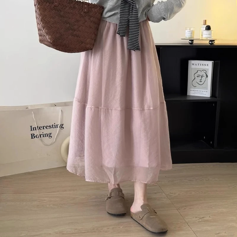 蓝色纱裙半身裙女胖mm梨型身材高腰遮胯显瘦大码高级感a字裙子夏