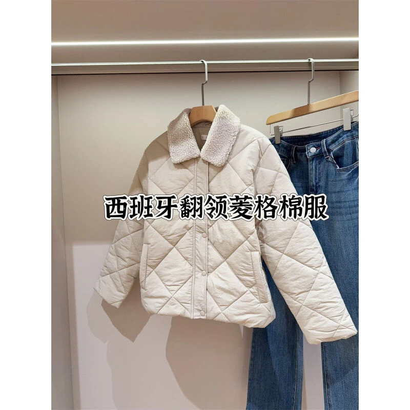 西班牙单 翻领菱格棉服女