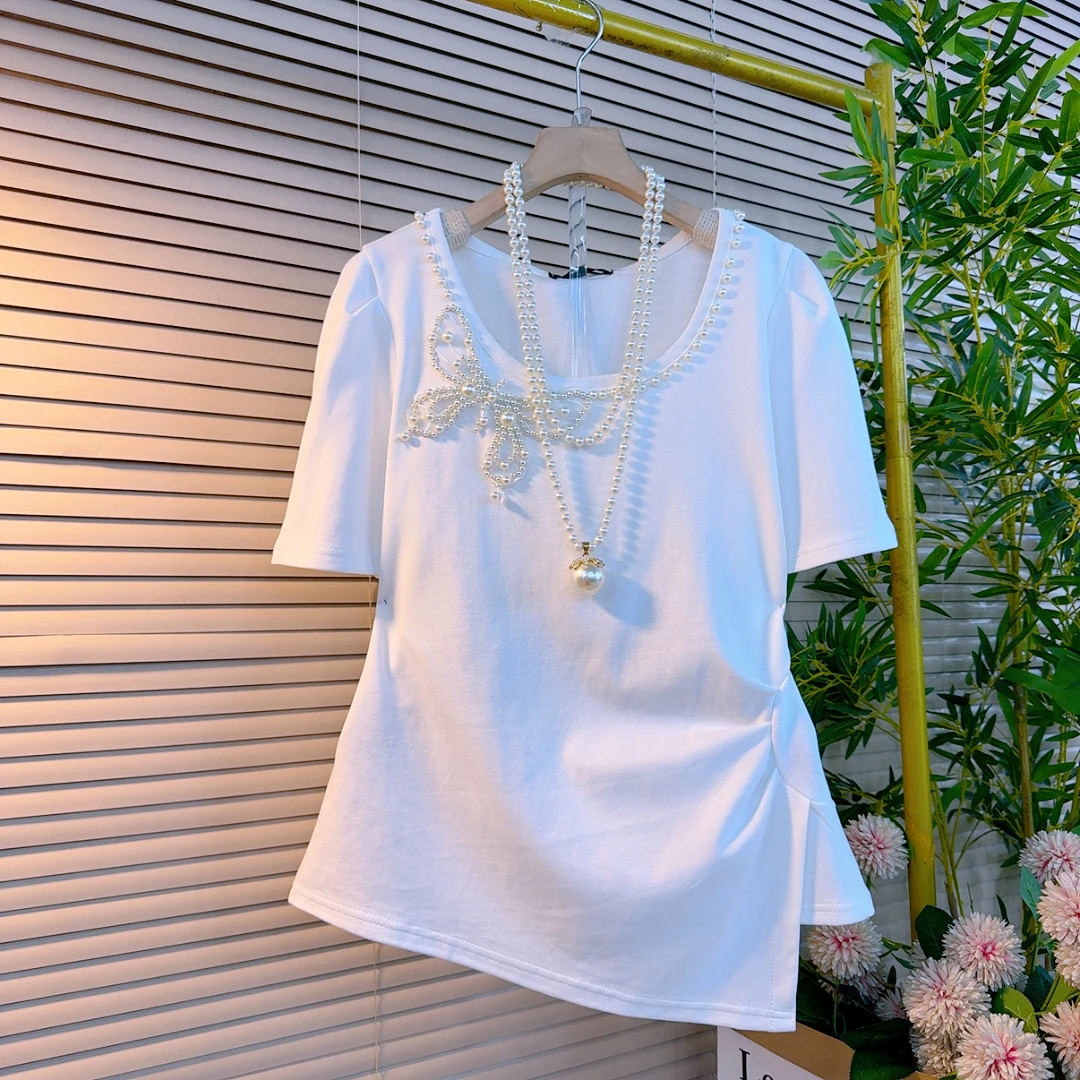 06胖妹妹夏季不等式欧货纯色圆领重工订珠蝴蝶结开衩设计感显瘦衫