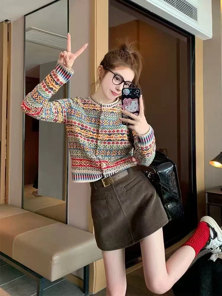 费尔岛提花英伦风时尚气质毛针织衫小个子女短款洋气春秋冬季复古