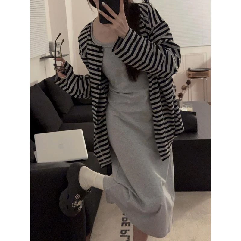 睡裙女春秋季长袖背心两件套装条纹高级感纯棉2025新款睡衣家居服